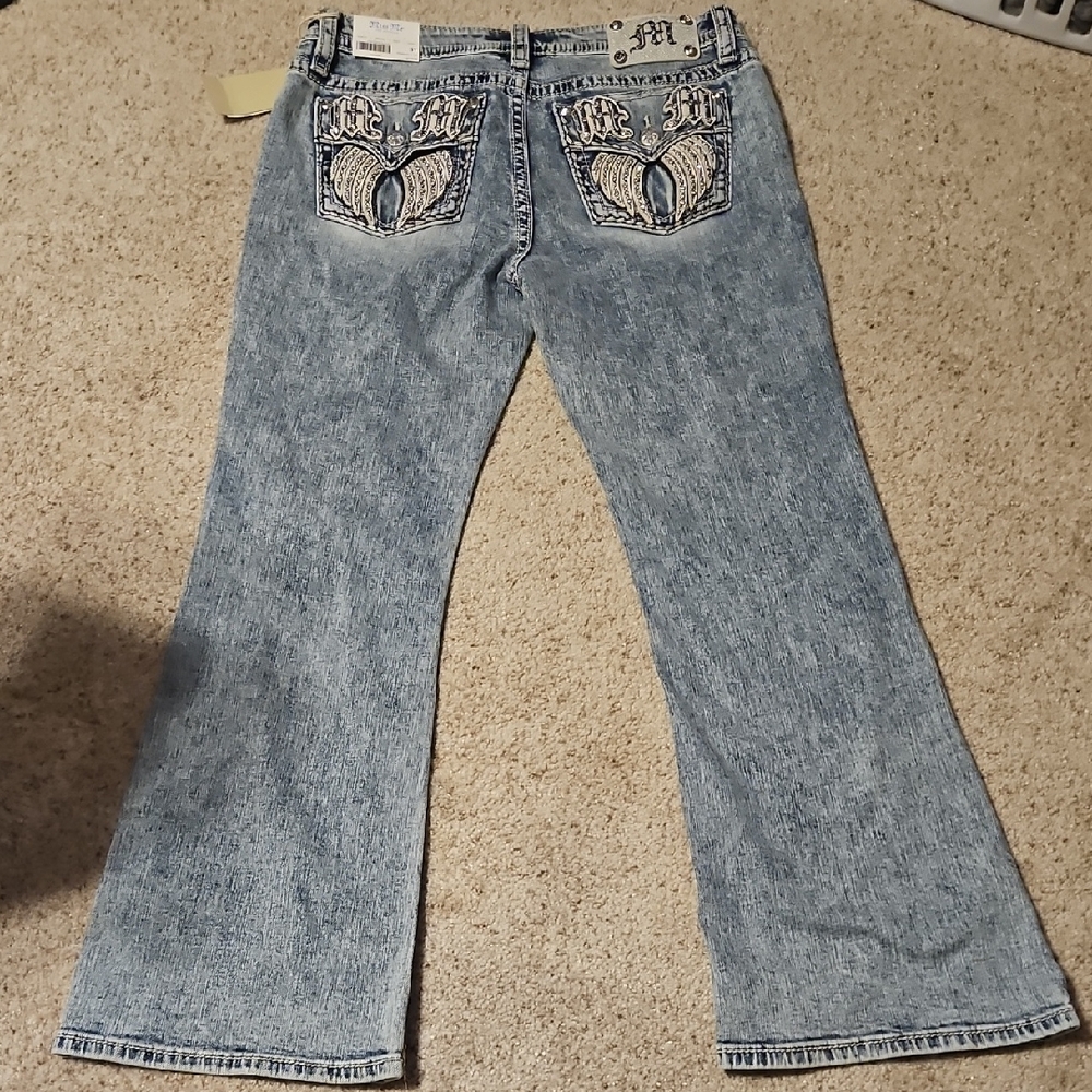 NWT Miss Me Light Blue Flare Jeans with Embellished Pockets 31 Waist 29 Length